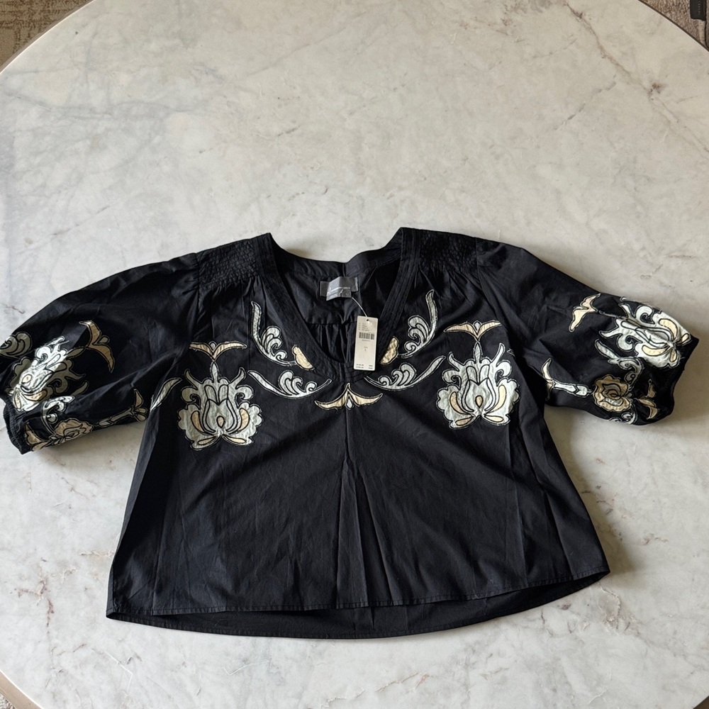 Anthropologie Black Blouse with White and Gold Embroidery
